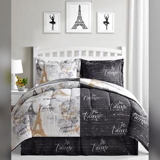 Bon Jour Paris Eiffel Tower Black White Reversible Cal King Comforter Set 8 Piece Bed In A Bag White Reversible Cal King Comforter Set, California King Paris Bedding