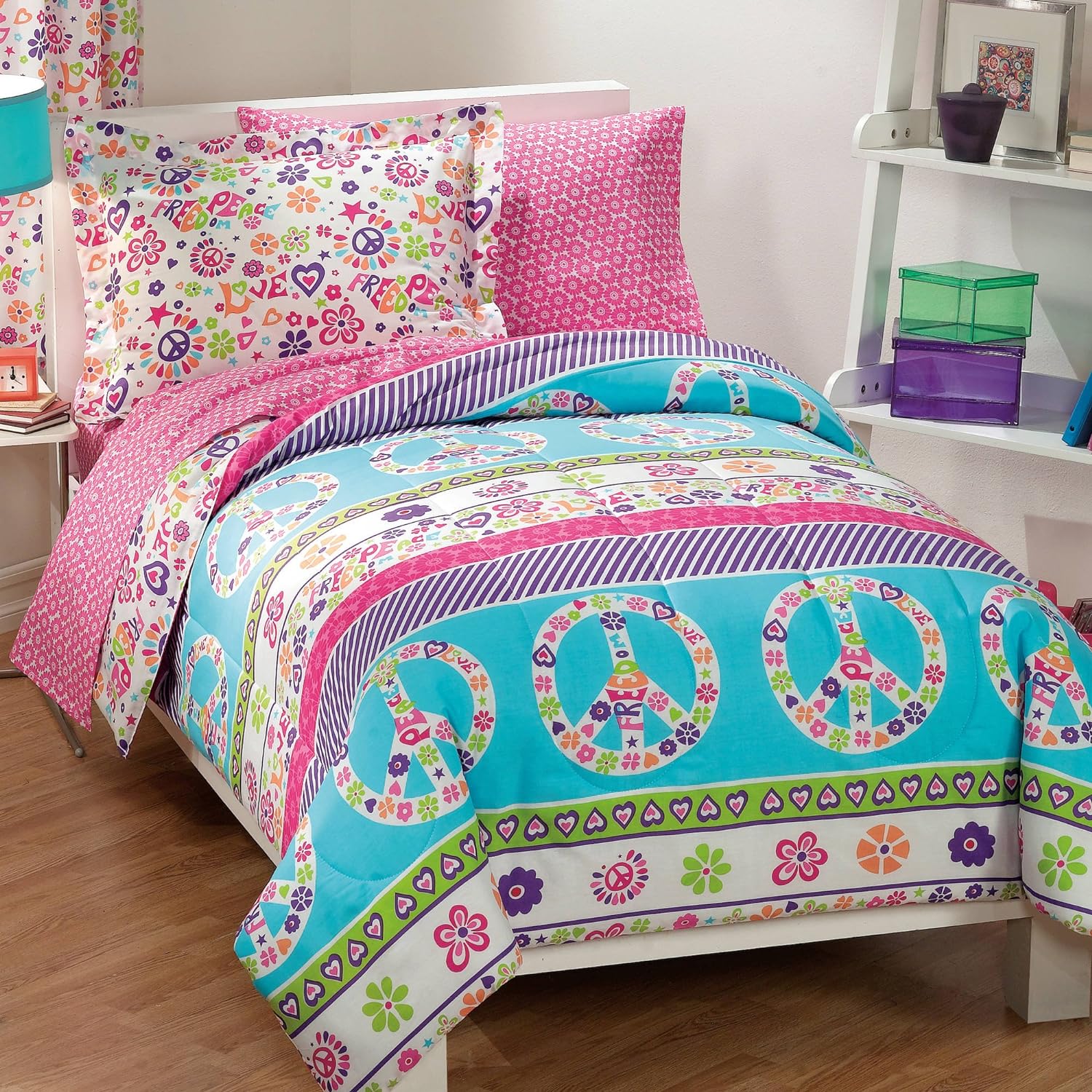 Kids Bedding Pink & Blue Peace Signs & Love Twin Comforter Set (5 Piece Bed In A Bag)