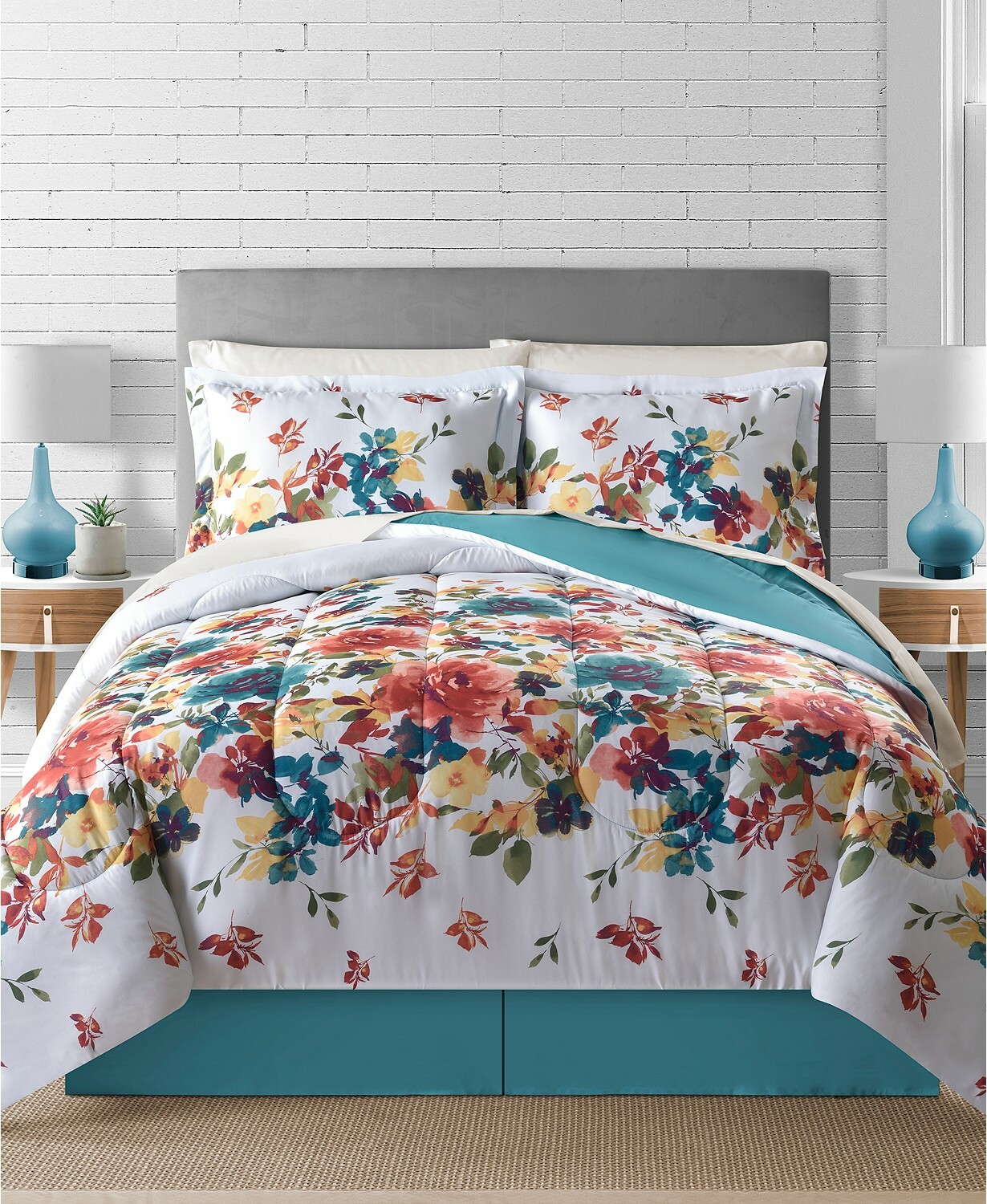 Floral Gardens Bright Floral Flowers Girls Turquoise Cal California King Comforter Set 8 Piece Bed In A Bag