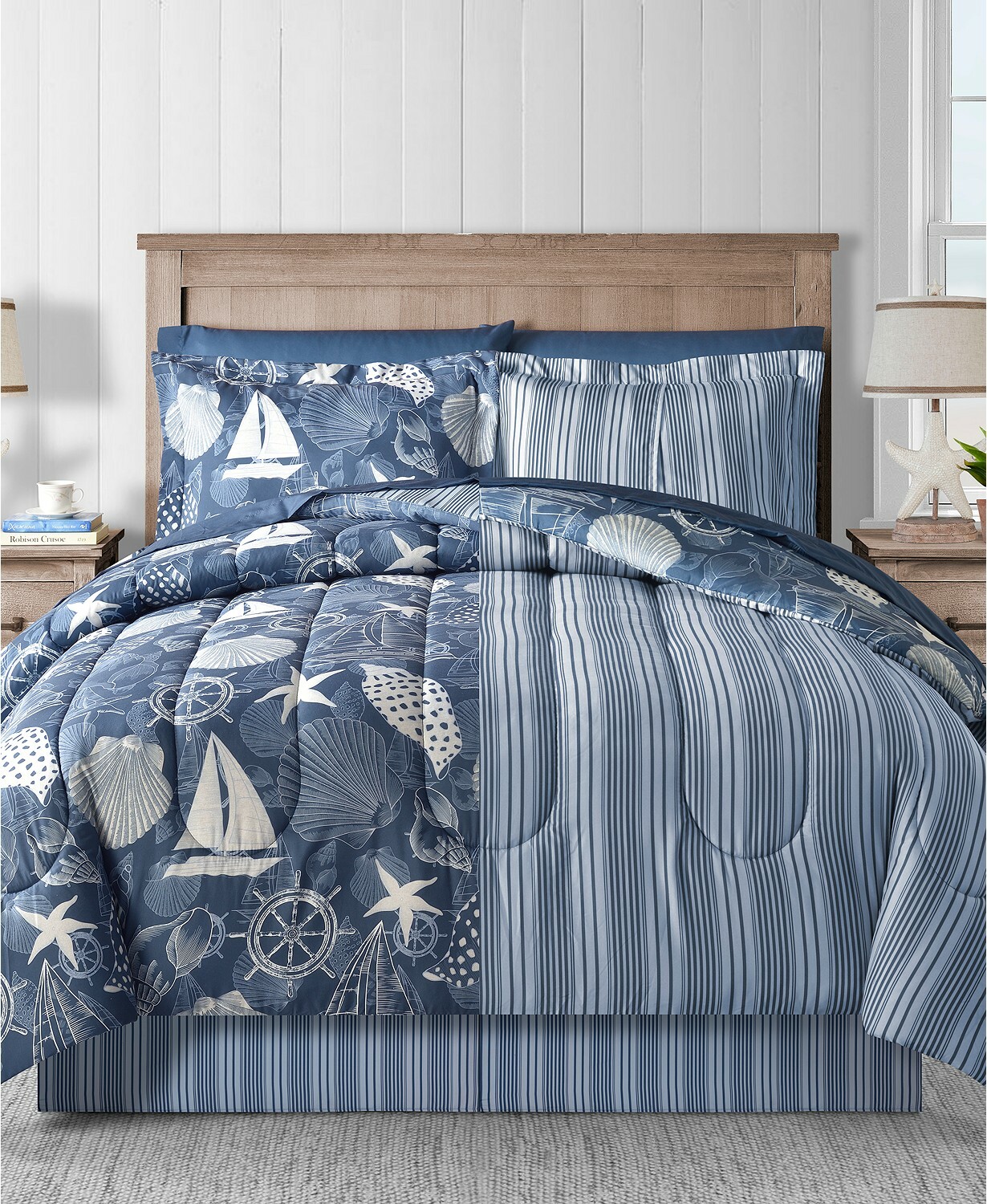 Nautical Living Blue Seass Sailboats Cottage Beach House California Cal King Comforter Set 8 Piece Bed In A Bag California Cal King Comforter Set, Cal King Nautical Bedding