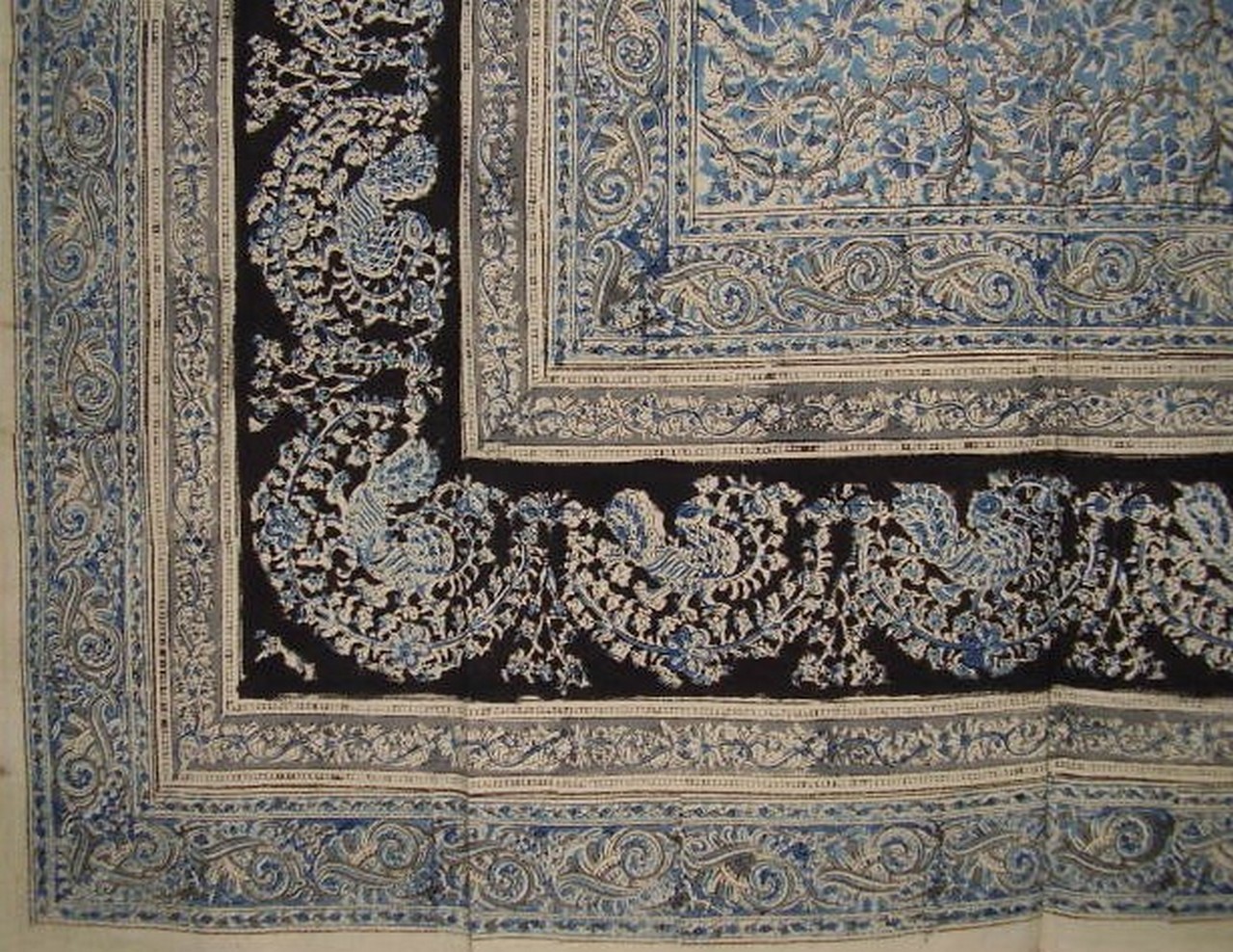 Homestead Veggie Dye Block Print Tapestry Cotton Spread 104" x 70" Twin Blue