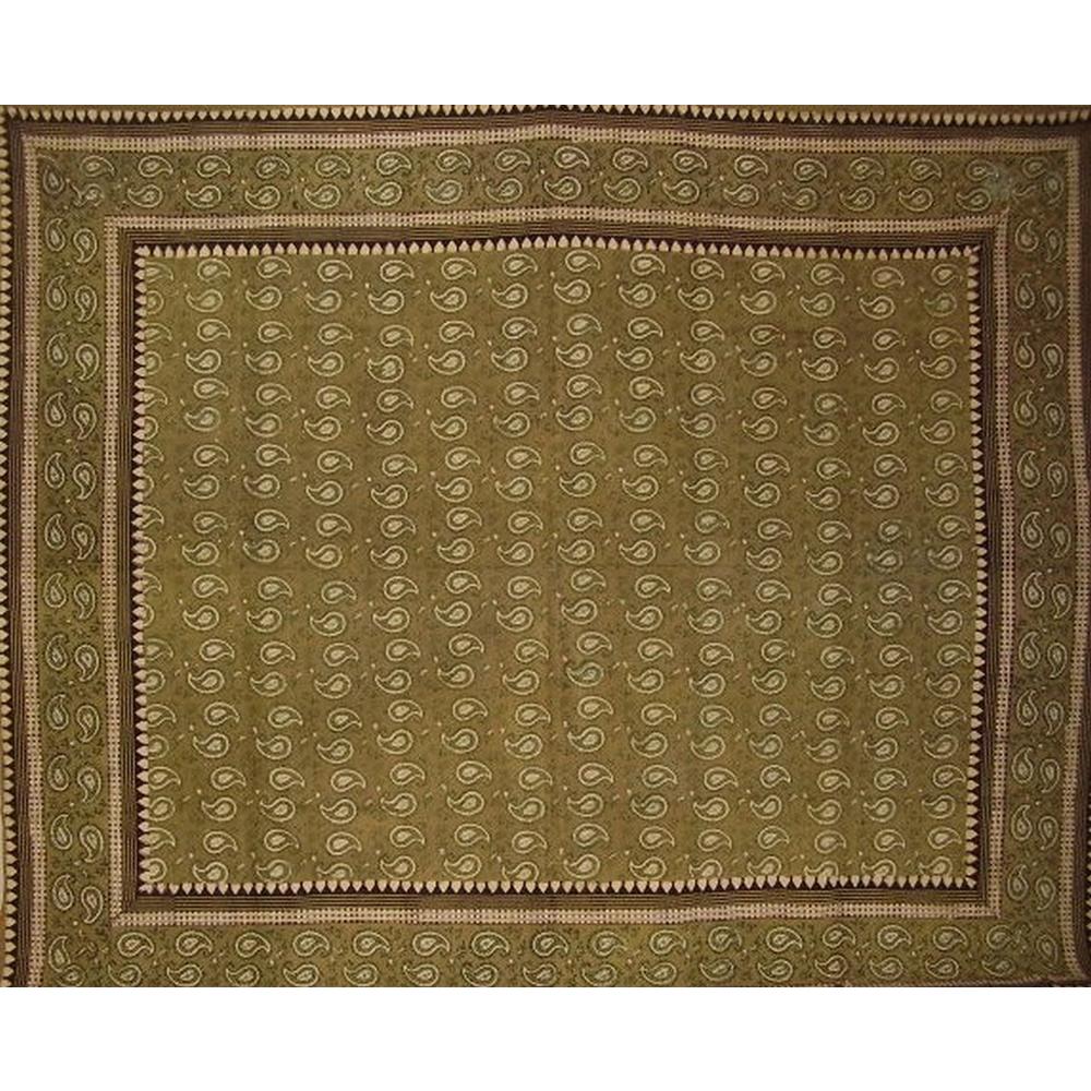 Homestead Primitive Paisley Block Print Tapestry Cotton Bedspread 108" x 108" Queen-King Green