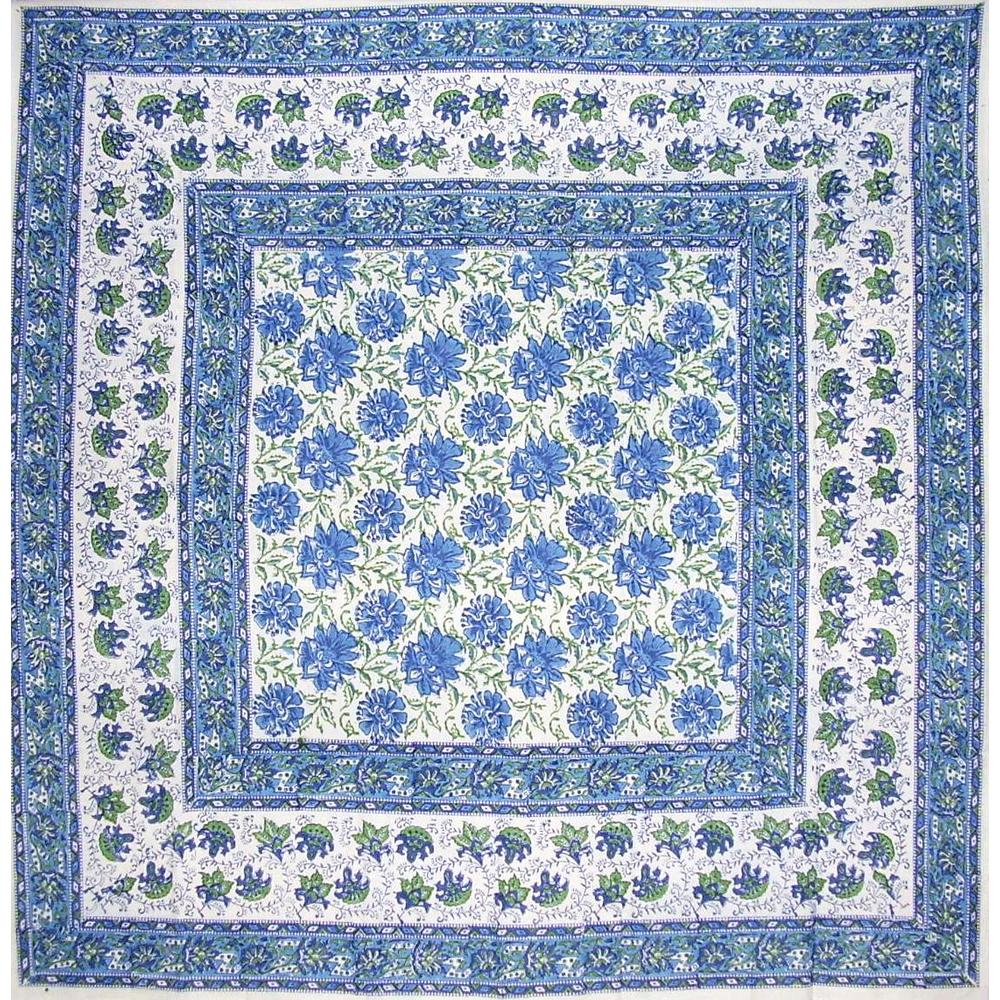 Homestead Lotus Flower Block Print Floral Square Cotton Tablecloth 60" x 60" Blue