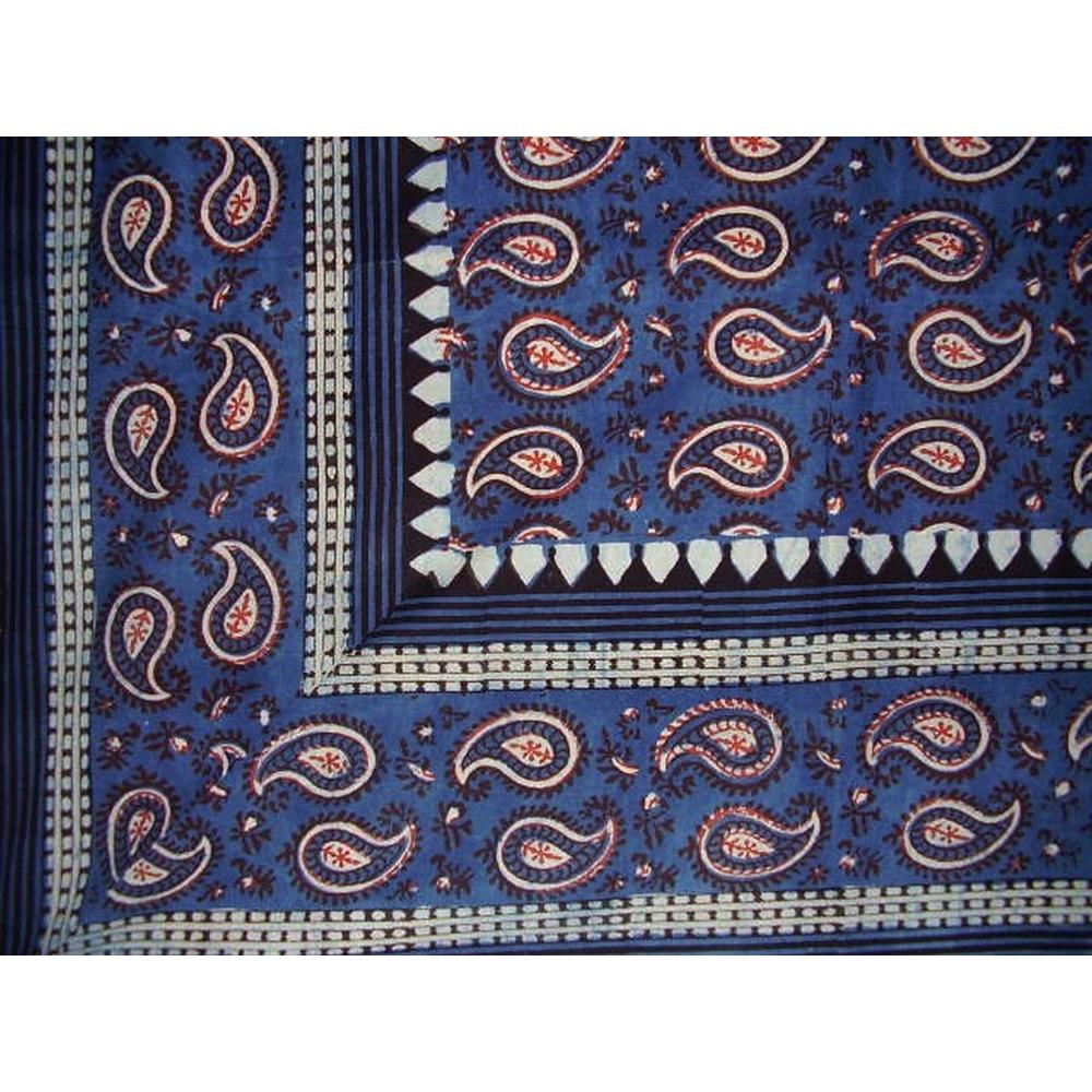 Homestead Primitive Paisley Block Print Tapestry Cotton Bedspread 108" x 108" Queen-King Blue