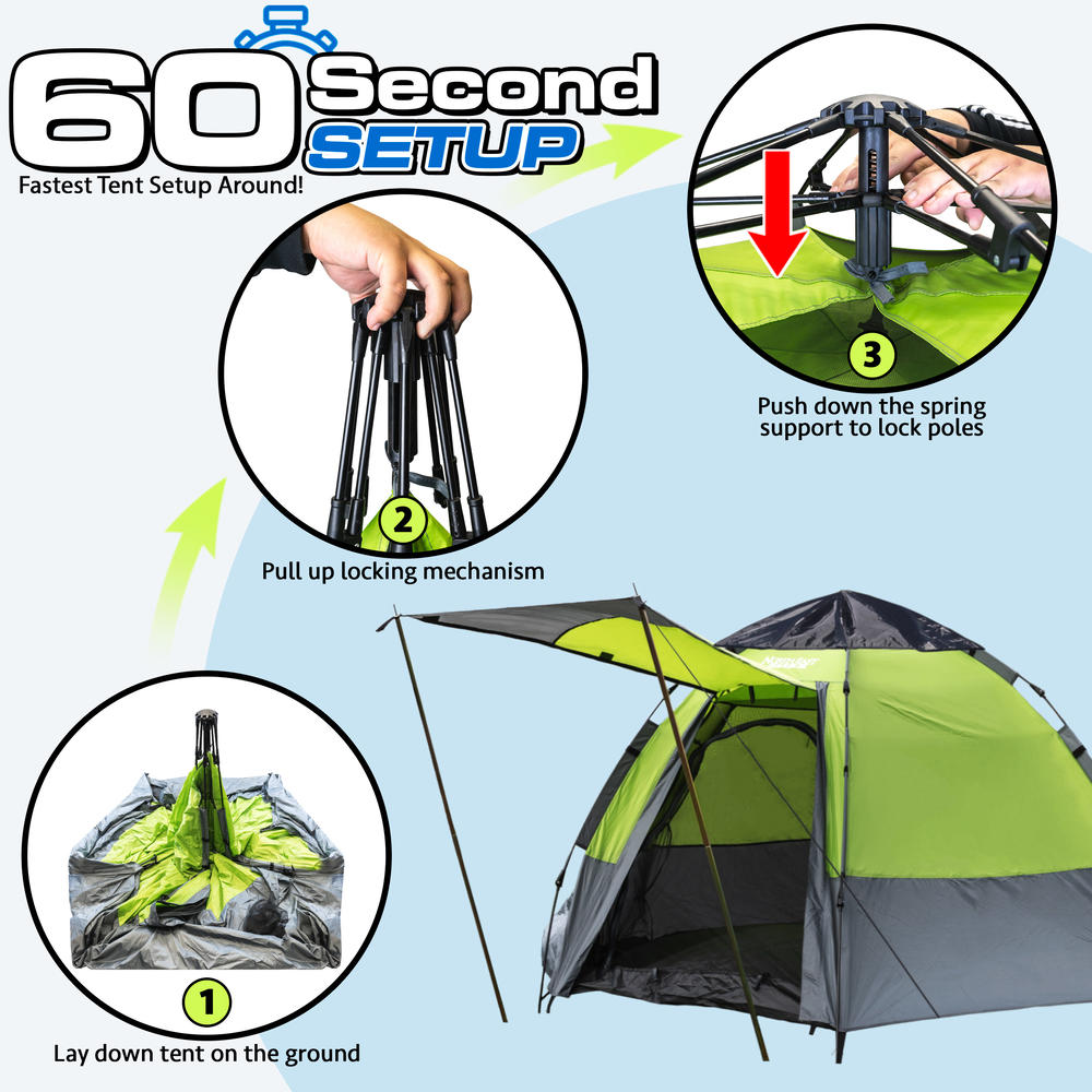 North East Harbor 5 Person Instant Automatic Camping Tent Waterproof Double Layered Fabric, Portable Hexagon Tent with Carry Bag, Green, 8.9'L x