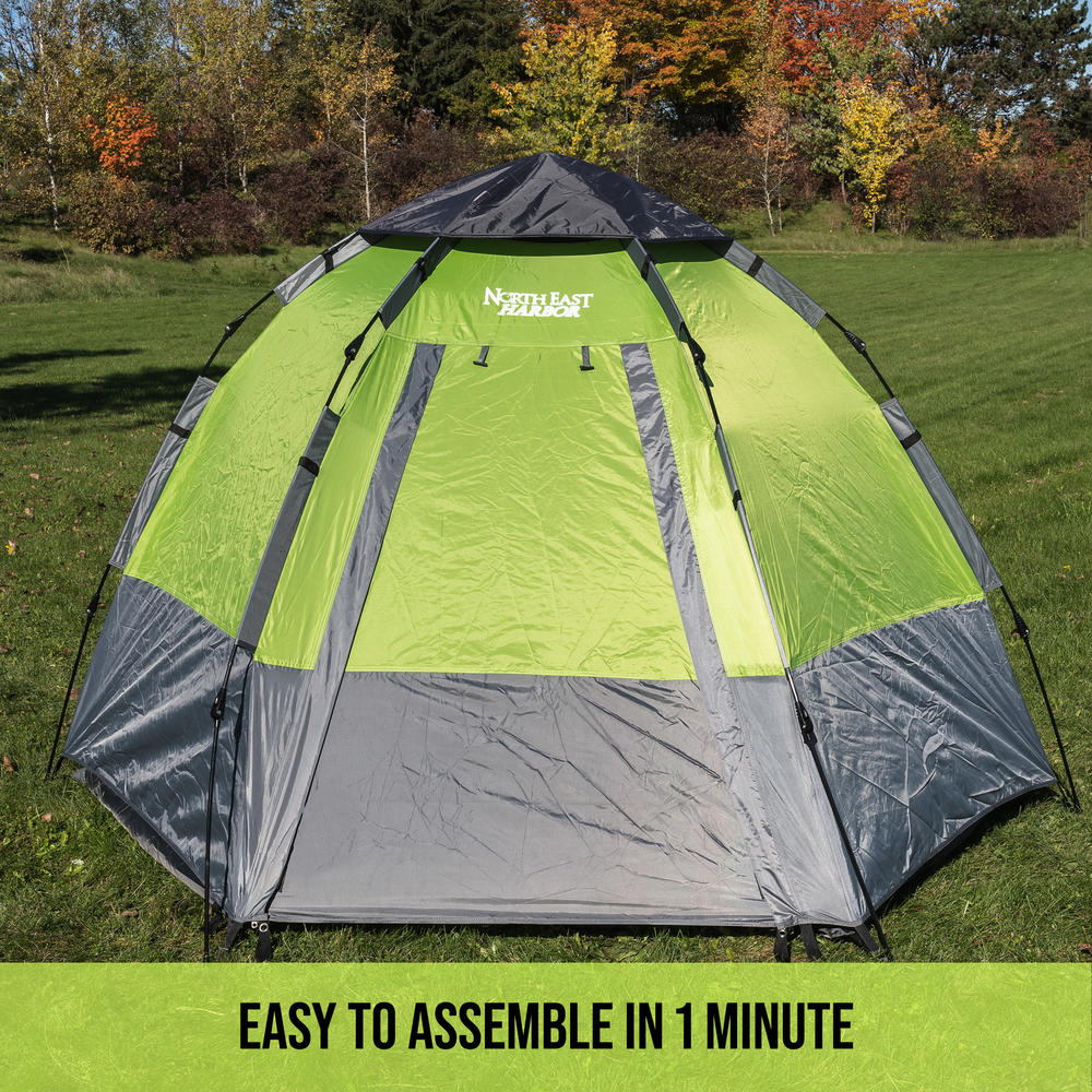 North East Harbor 5 Person Instant Automatic Camping Tent Waterproof Double Layered Fabric, Portable Hexagon Tent with Carry Bag, Green, 8.9'L x