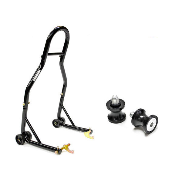 Venom Sport Bike Motorcycle Rear Wheel Swingarm Spool Lift Stand + Low Profile 8mm Black Swingarm Spools (Compatible with Most Honda /