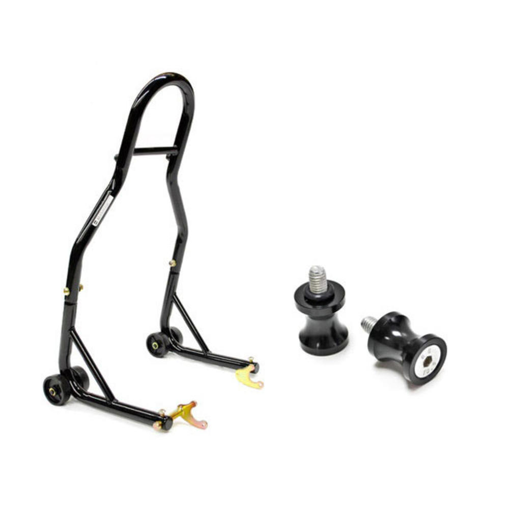 Venom Sport Bike Motorcycle Rear Wheel Swingarm Spool Lift Stand + Low Profile 6mm Black Swingarm Spools (Compatible with Most Yamaha