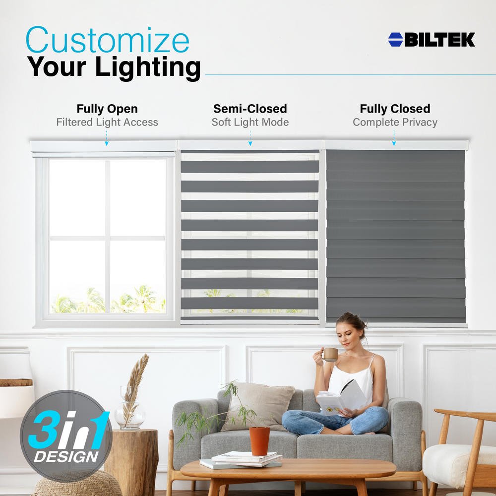 Biltek Cordless Zebra Window Blinds with Modern Design - Roller Shades w/ Dual Layers - Solid & Sheer Shades for Transparency / Privacy