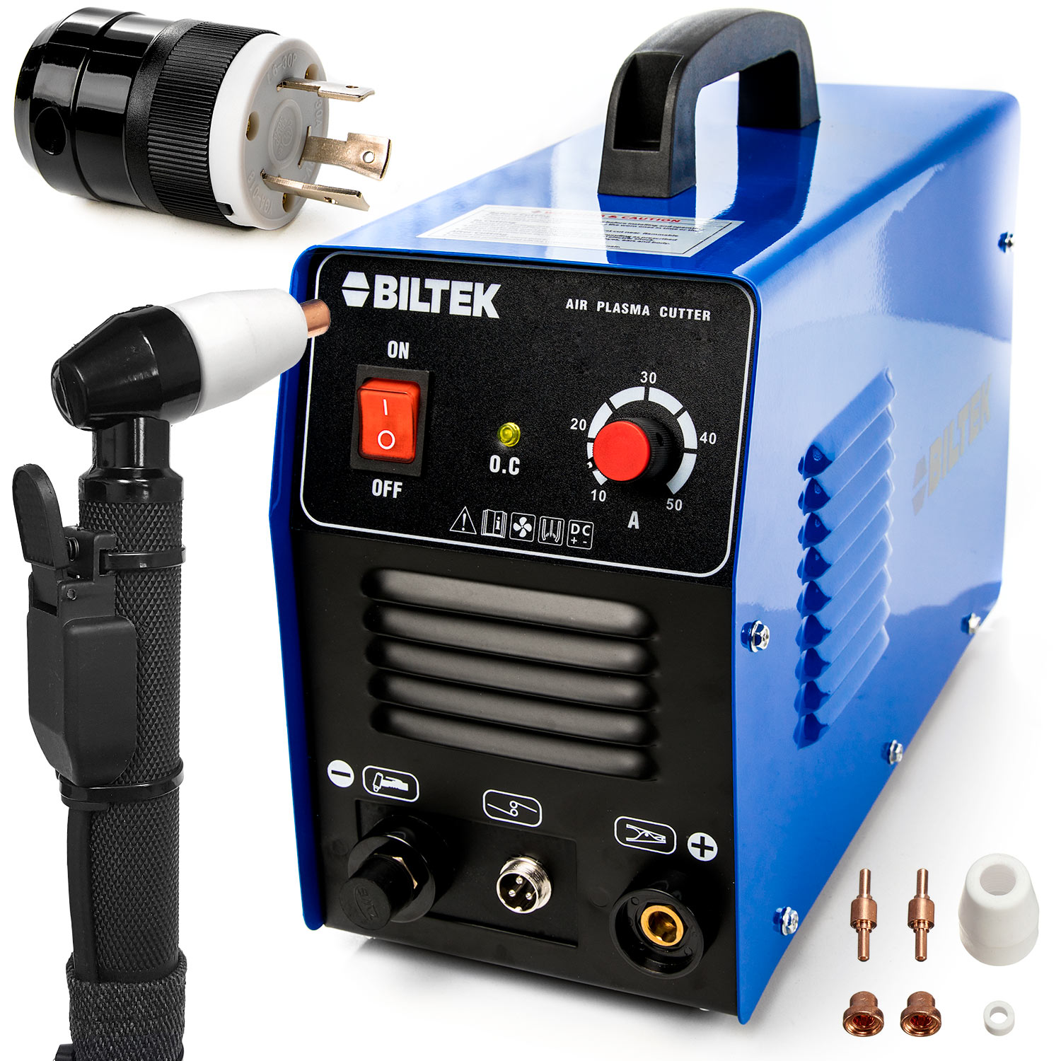 Biltek 50Amp Non-Pilot Arc Plasma Cutter, Dual Voltage 110V/220V with Pre-Attached 110V US Plug + 220V L6-30P Plug, 1/2 Inch Cut, Blue