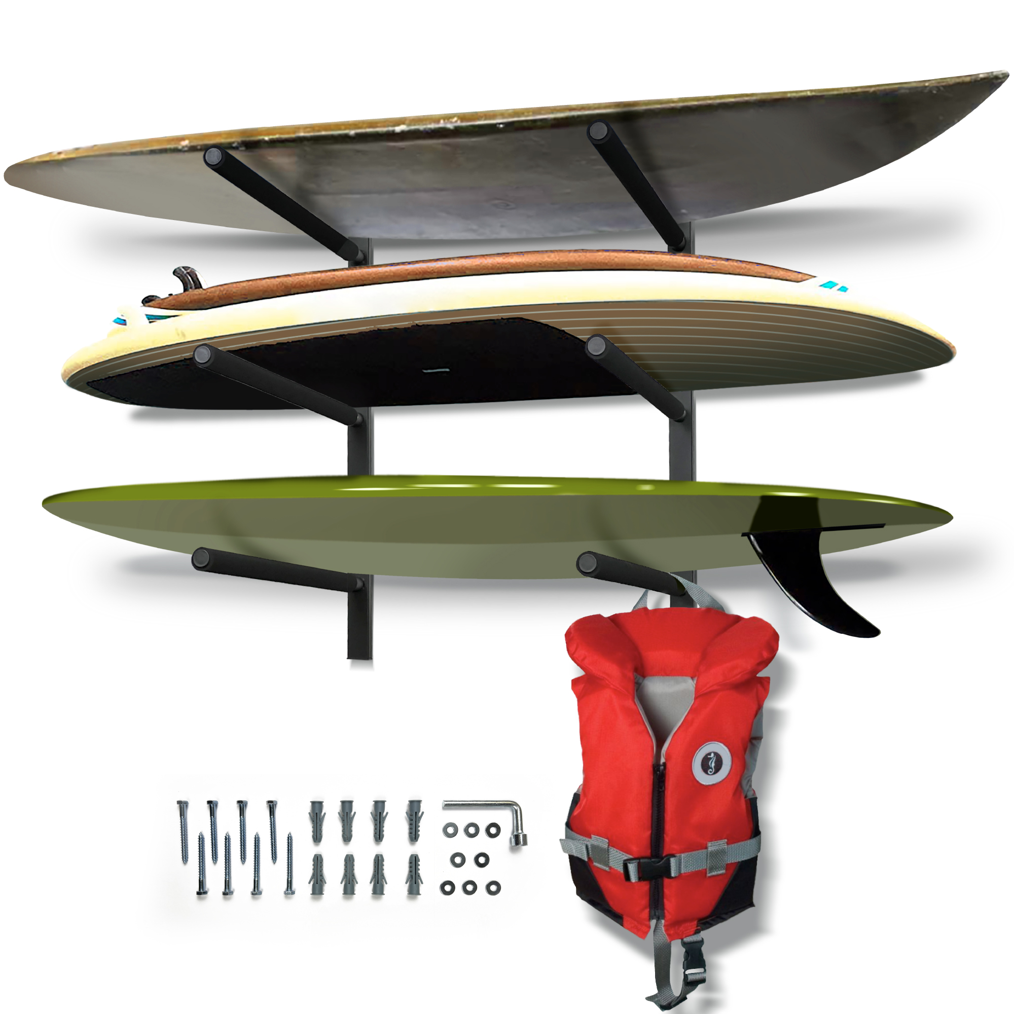 Venom Paddle Board Rack Wall Mounted 3 SUP Storage Rack, 3 Level Surfboard Rack, Kayak Rack, Snowboard Wall Mount,  Dock Storage,