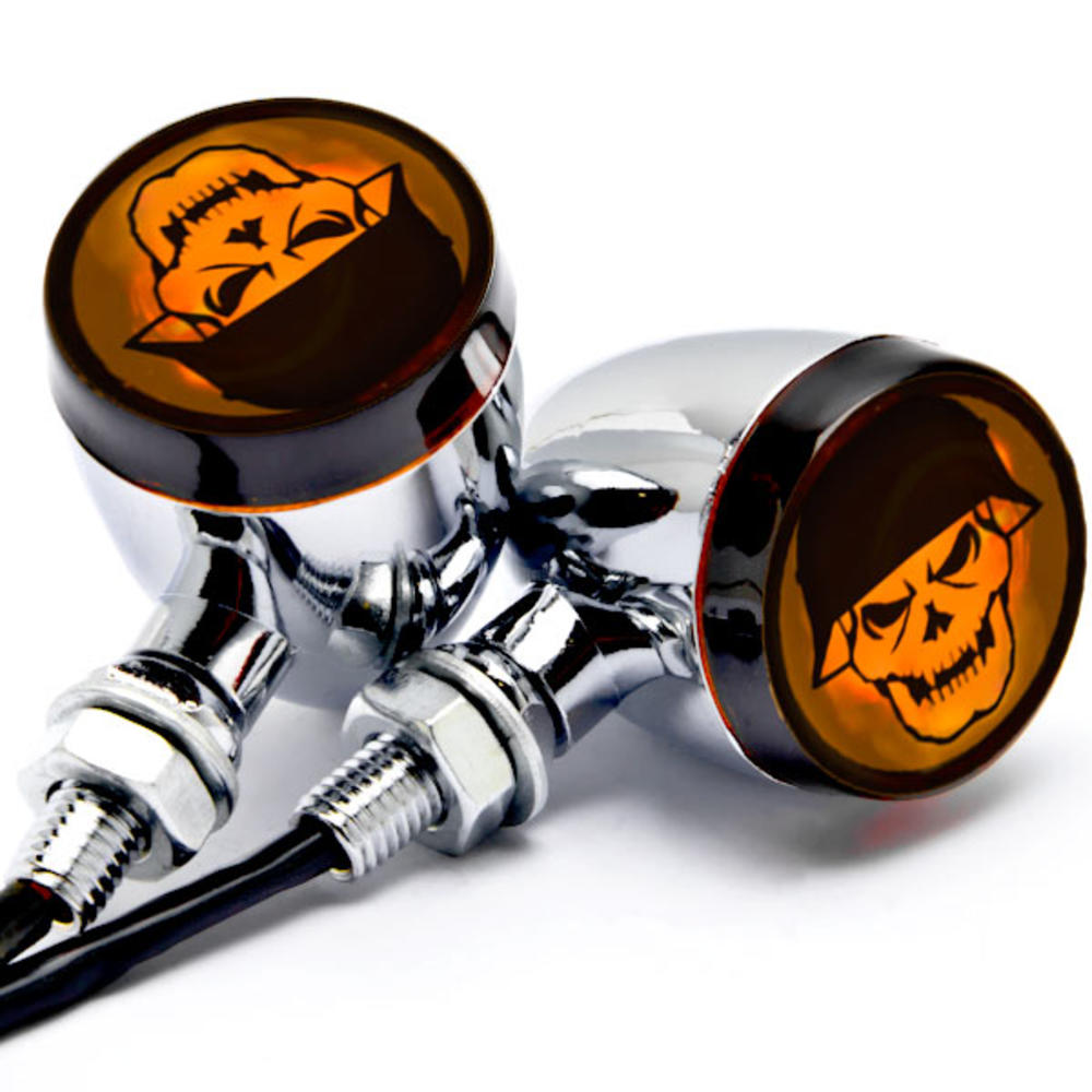 Krator 2pc Skull Lens Chrome Motorcycle Turn Signals Bulb Compatible with Harley Davidson Softail Fat Boy FLSTF