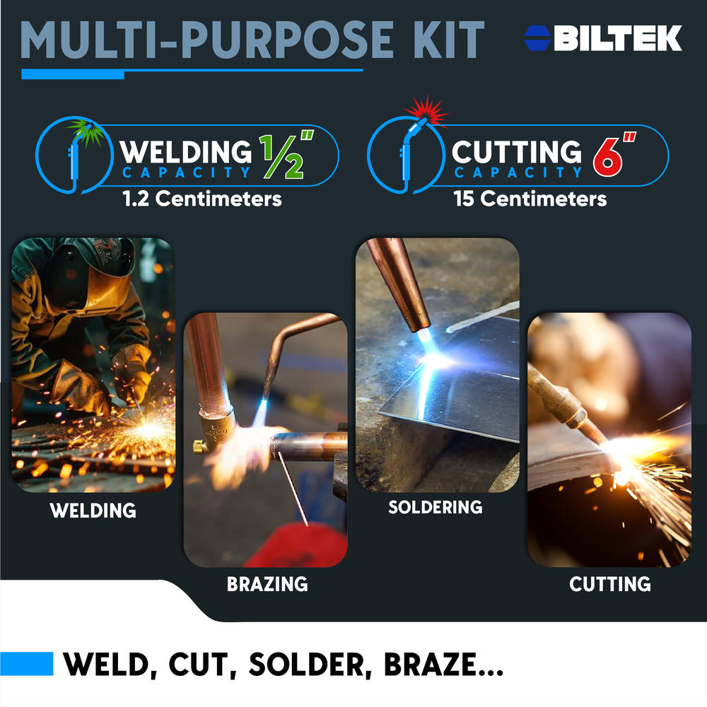 Biltek Oxygen Acetylene Torch Kit Portable Cutting, Brazing & Welding Kit Includes Two Hose, Regulator Gauges, Cutting Tip, 3 Welding