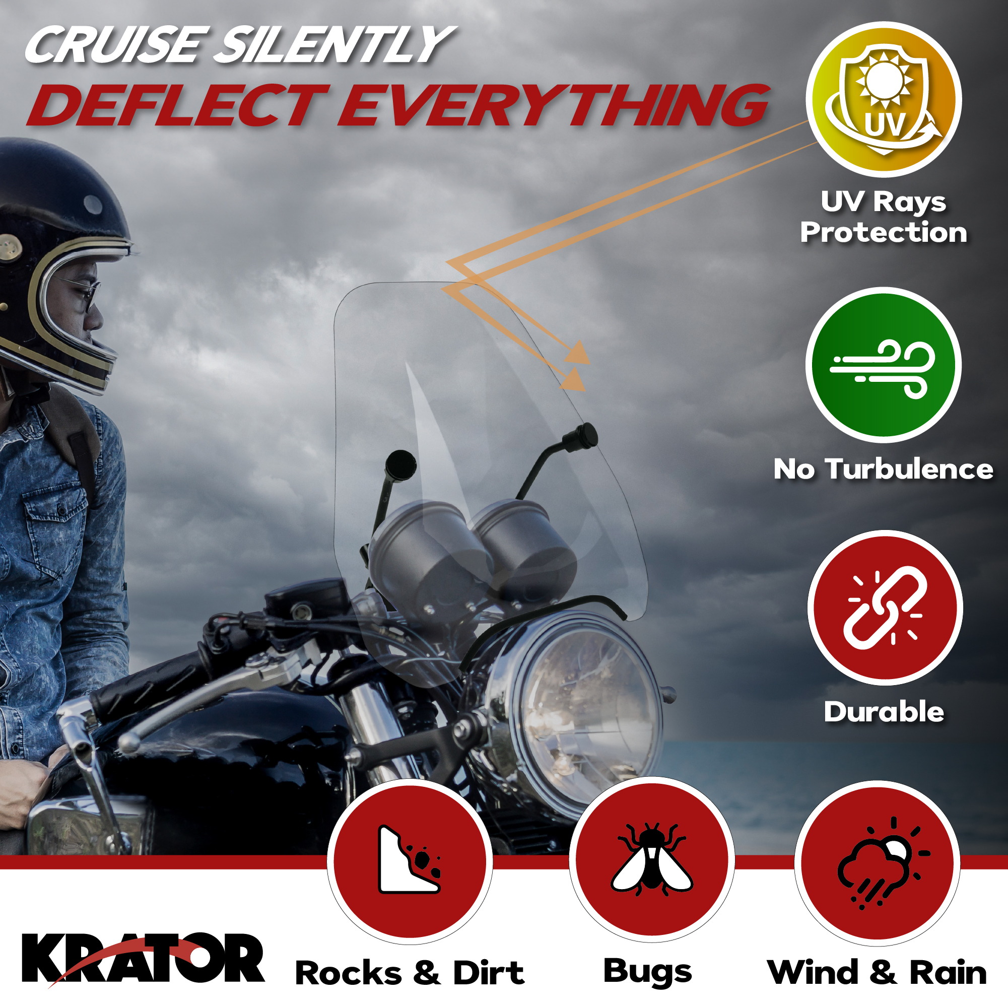 Krator 15" Clear Tinted Windscreen Windshield Compatible with Honda Rebel 500 (2017-2020) Fits 7/8" or 1" Handlebars