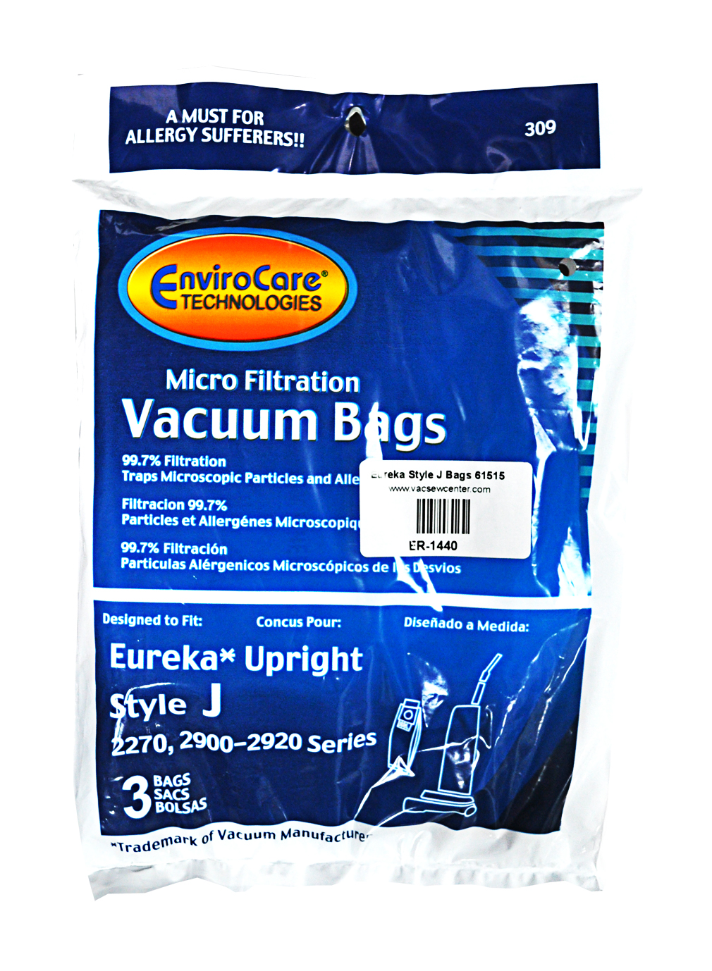 Eureka Upright Style J Bags designed to fit Eureka Upright Vacuum using Style J Bags, 99.7 Microfiltration, 3 bags