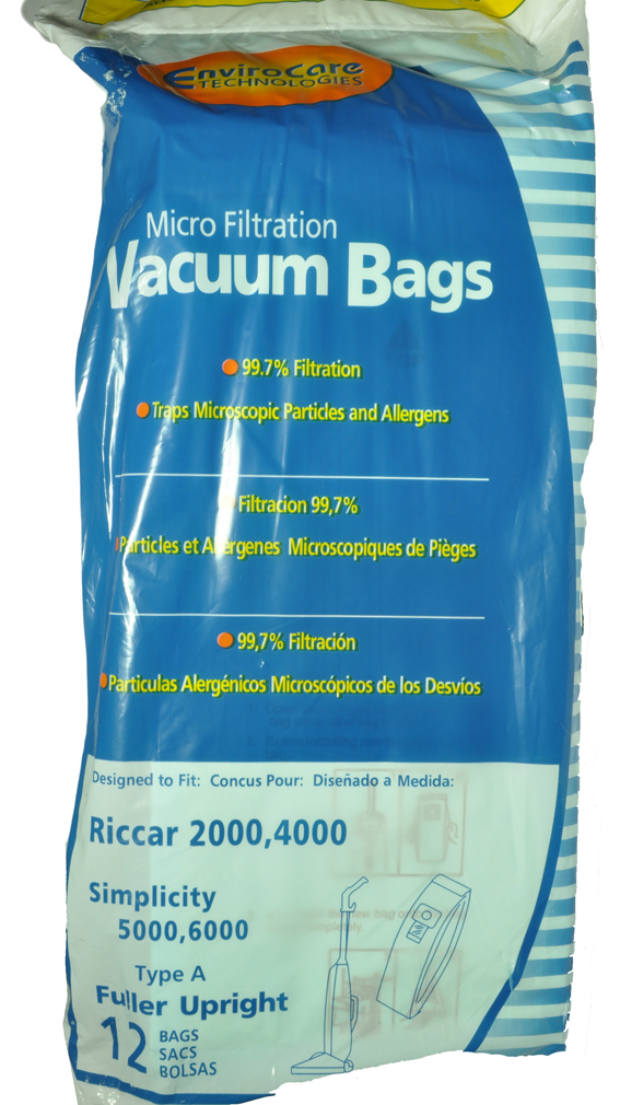 Simplicity Type A Upright Vacuum Cleaner Bags,fits Simplicity 5000 and 6000 99.7 Microfiltration, 12 bags in pack