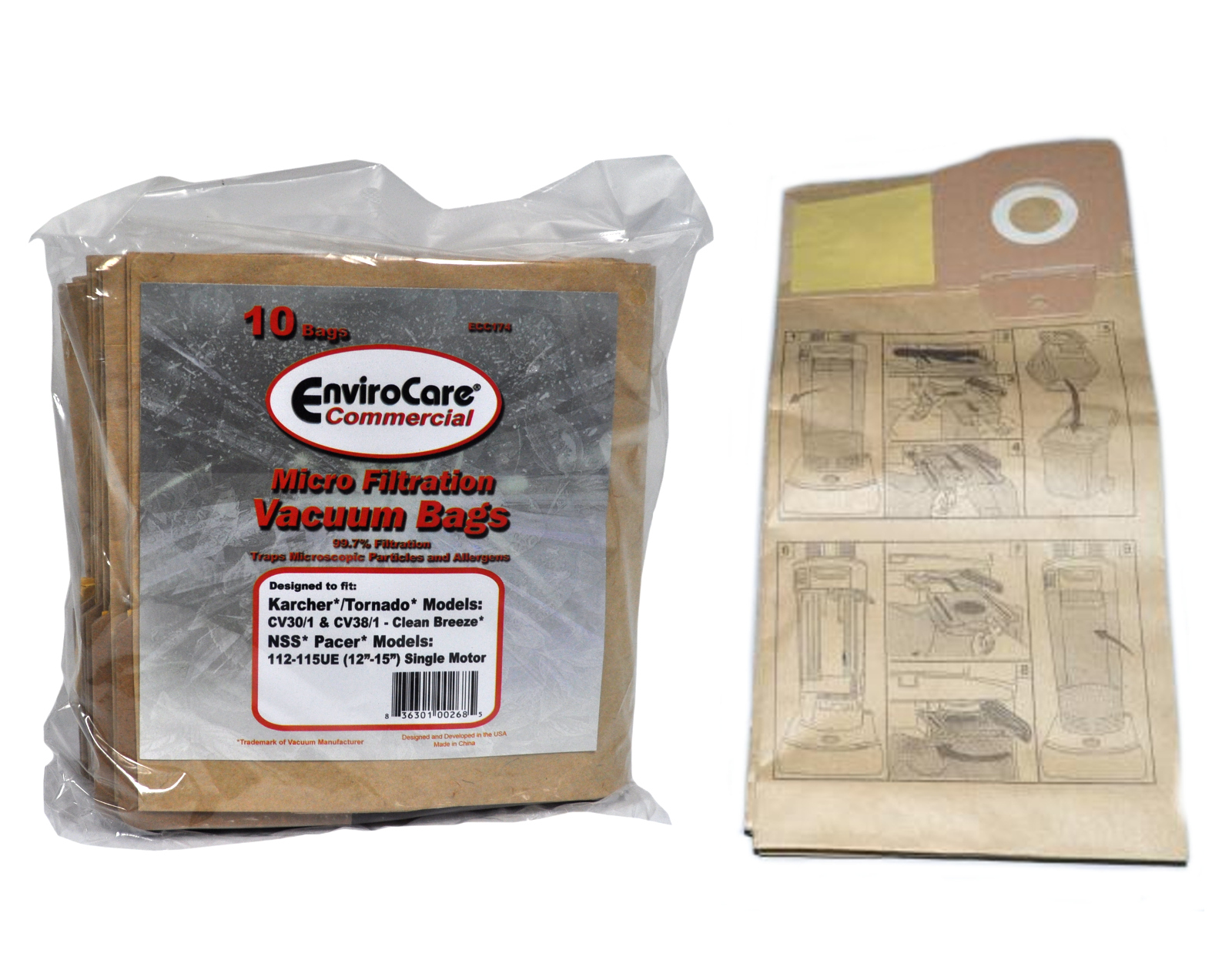 Envirocare Micro Filtration Vacuum Bags Designed To Fit Tornado CV-30 and CV-38 Clean Breeze Uprights 10 Pack