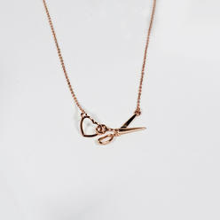 Quilt Scissor and Heart Charm Necklace Rose Gold