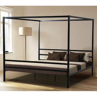 Greenhome123 Modern Black Metal Canopy Bed With Wood Slats