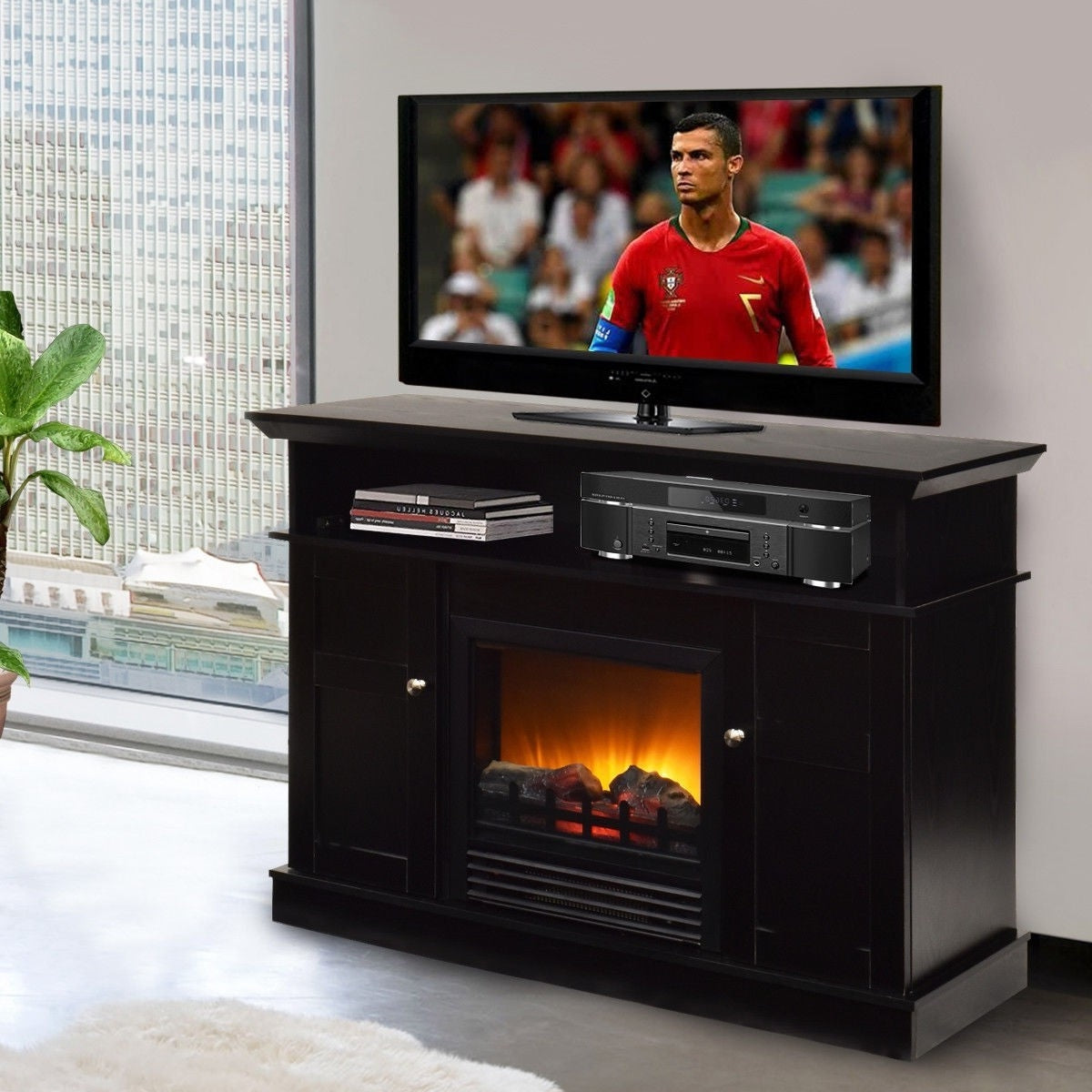 FastFurnishings Black Wood 43-inch TV Stand with Electric ...