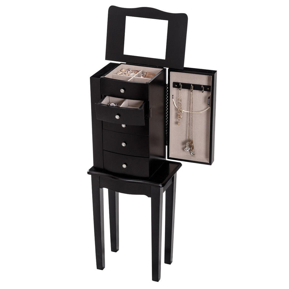 FastFurnishings Black Wood 5-Drawer Jewelry Chest Storage Chest Cabinet with Mirror