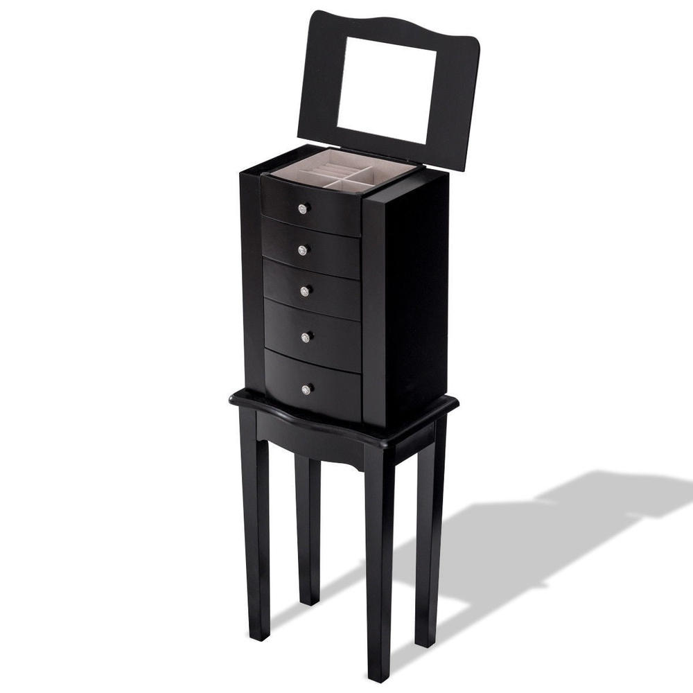 FastFurnishings Black Wood 5-Drawer Jewelry Chest Storage Chest Cabinet with Mirror