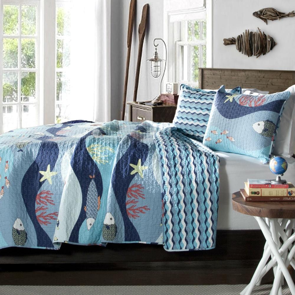 FastFurnishings Full / Queen Blue Serenity Sea Fish Coral Coverlet Quilt Bedspread Set