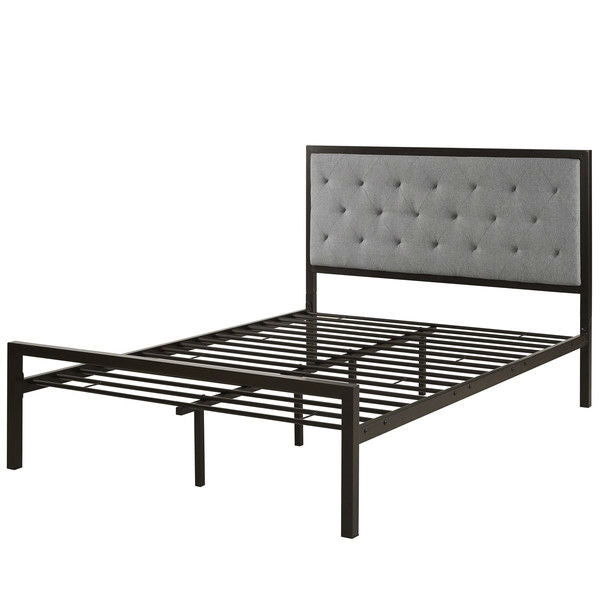 FastFurnishings Full Metal Platform Bed with Grey Upholstered Button Tufted Fabric Headboard