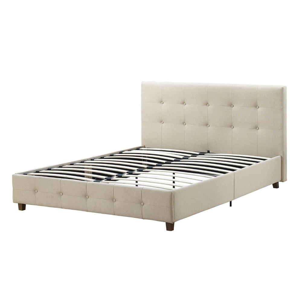 GreenHome123 Beige Tan Linen Upholstered Platform Bed Frame with Button-Tufted Headboard