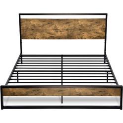 FastFurnishings Full size Metal Wood Platform Bed Frame with Industrial Headboard