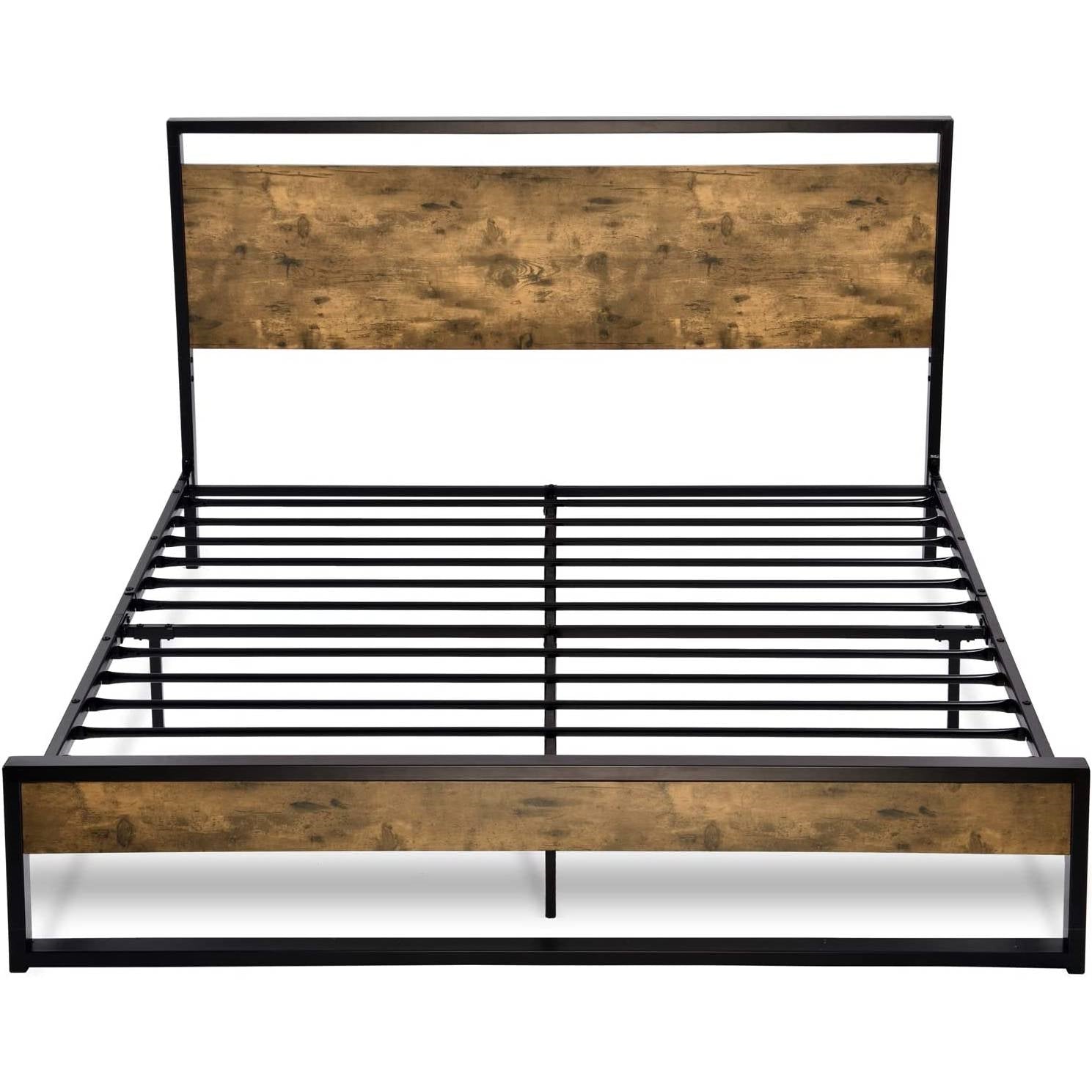 FastFurnishings Queen size Metal Wood Platform Bed Frame with Industrial Headboard