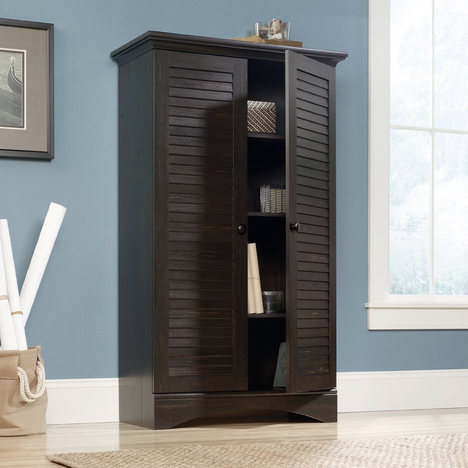 FastFurnishings Multi-Purpose Wardrobe Armoire Storage Cabinet in Dark Brown Antique Wood Finish