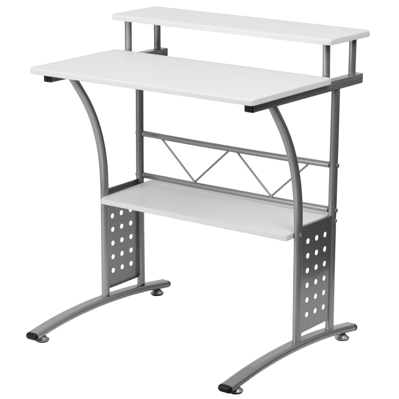FastFurnishings Modern Metal Frame Computer Desk with White Laminate Top and Raised Shelf
