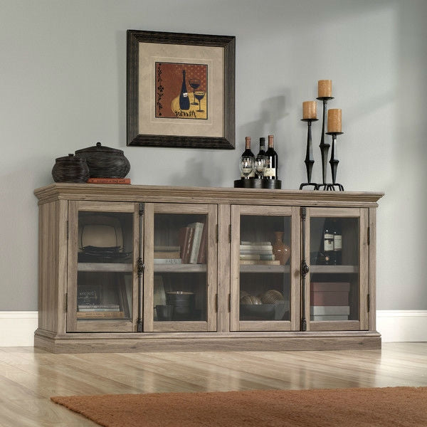 FastFurnishings Salt Oak Wood Finish TV Stand with Tempered Glass Doors - Fits up to 80-inch TV