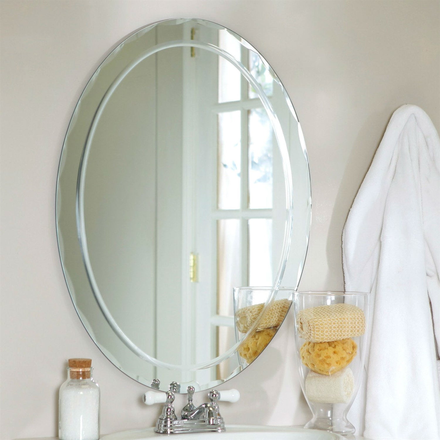 FastFurnishings Oval Frameless Bathroom Vanity Wall Mirror with Beveled Edge Scallop Border
