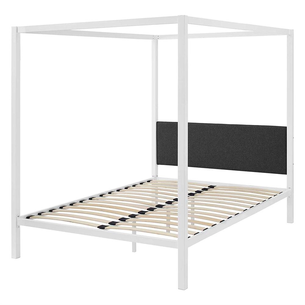 FastFurnishings Queen size White Metal Canopy Bed Frame with Grey Fabric Upholstered Headboard