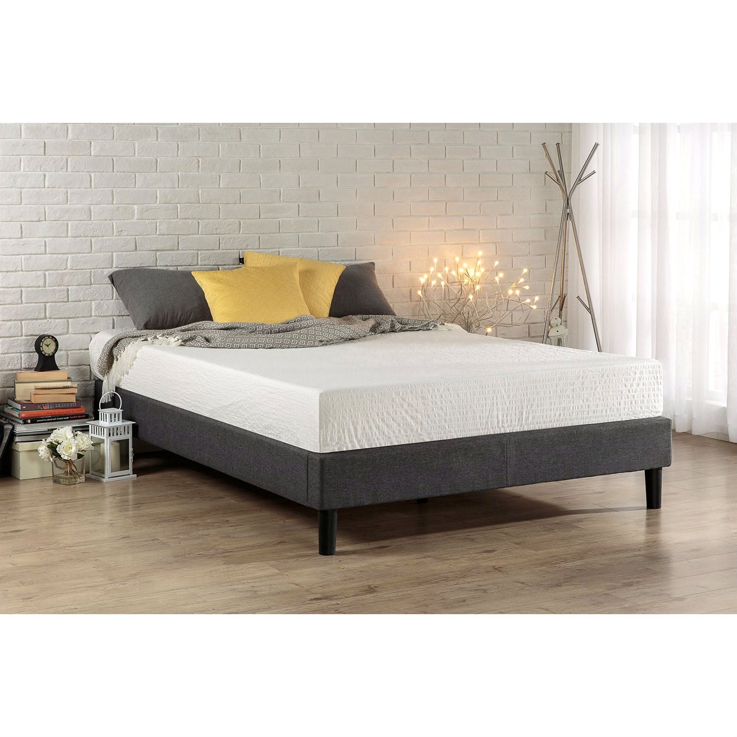FastFurnishings King size Modern Grey Upholstered Padded Platform Bed Fame