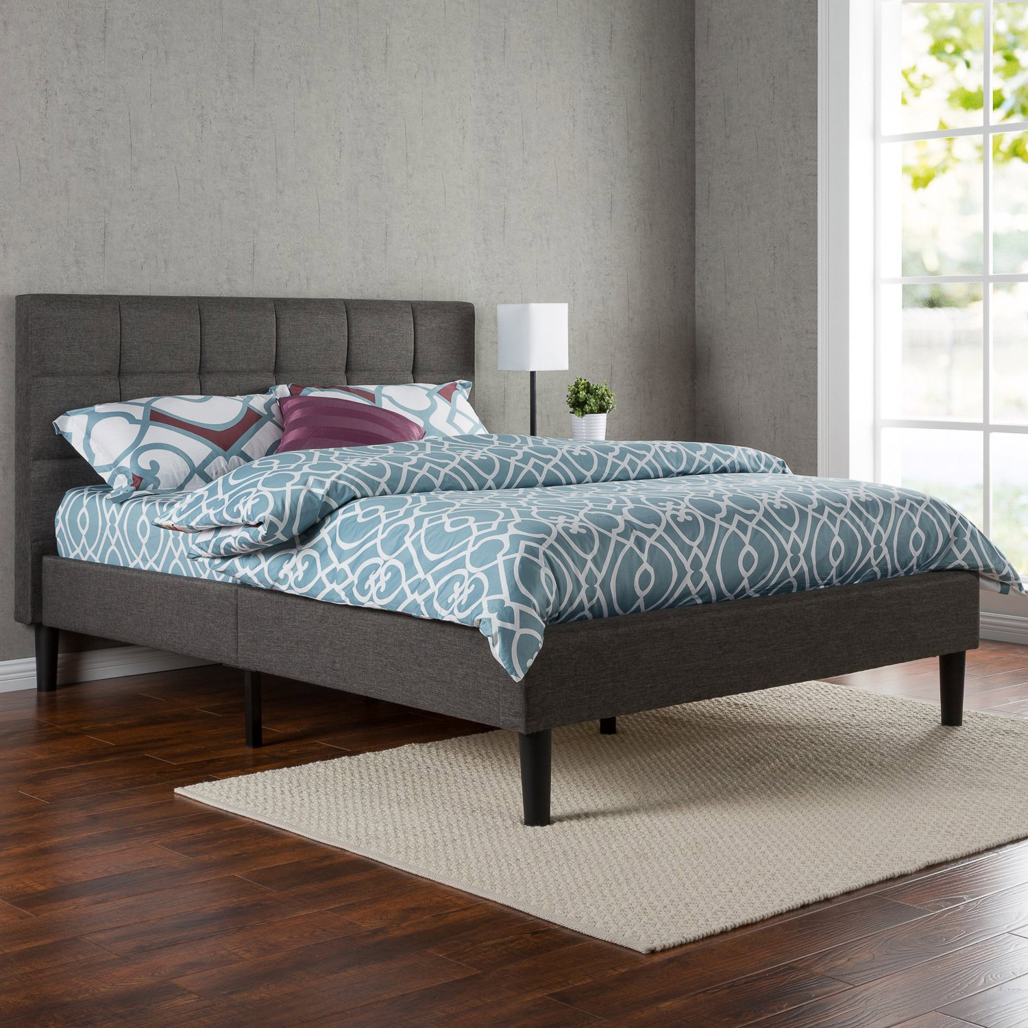 GreenHome123 Grey Upholstered Platform Bed Frame with Wooden Slats and Padded Headboard in Twin Full Queen King