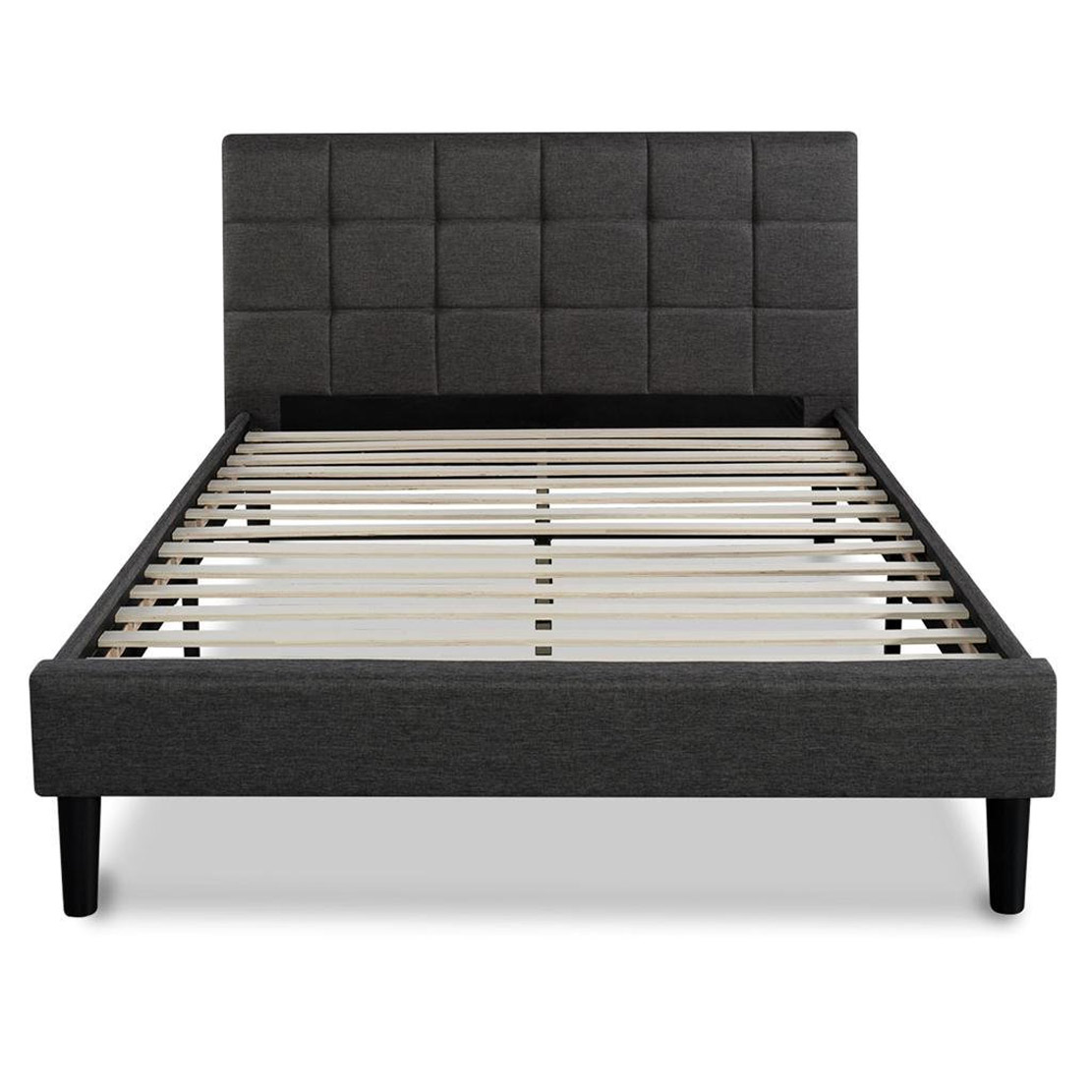 GreenHome123 Grey Upholstered Platform Bed Frame with Wooden Slats and Padded Headboard in Twin Full Queen King