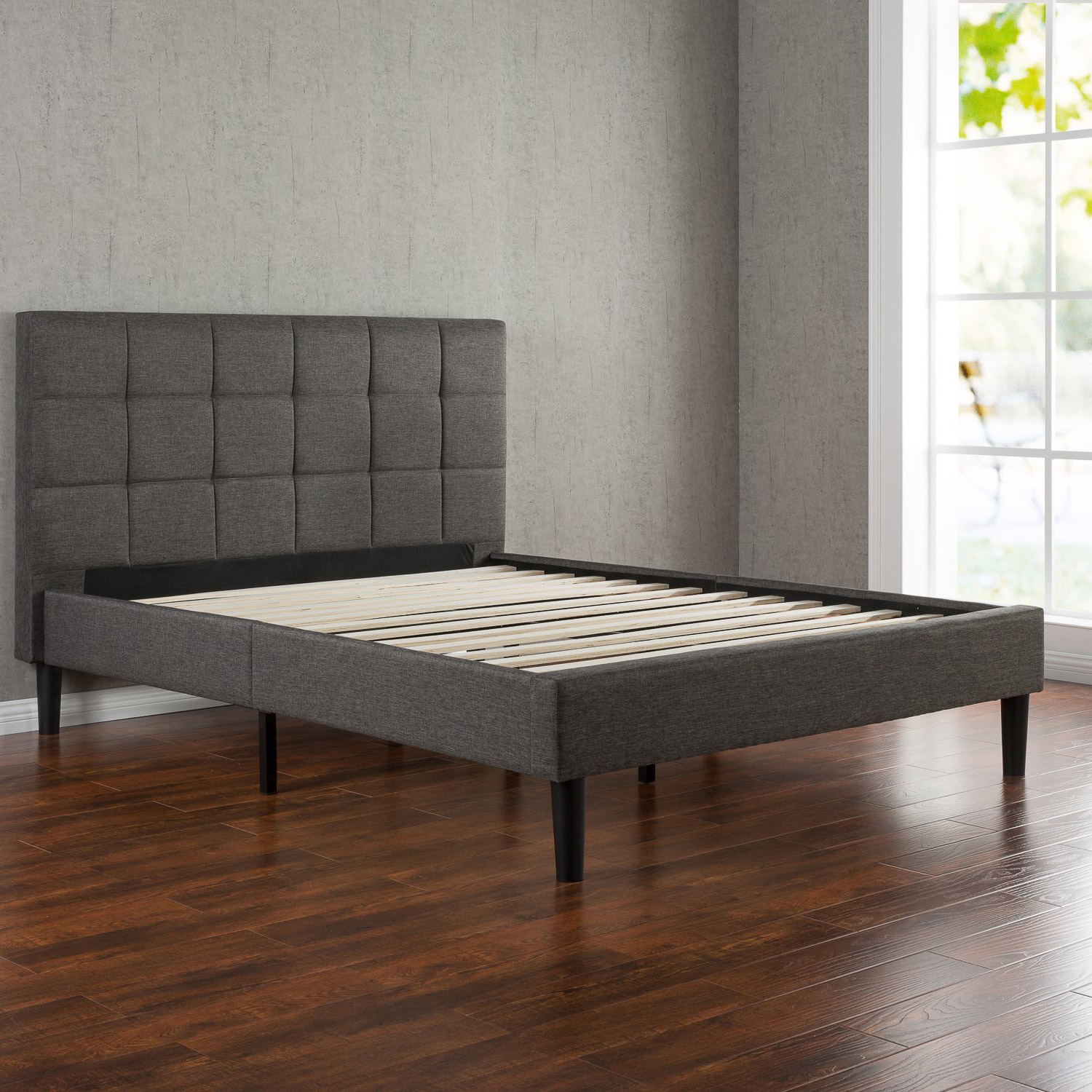 Greenhome123 Grey Upholstered Platform, King Size Platform Bed Frame With Headboard Upholstered Tufted Wooden Slats