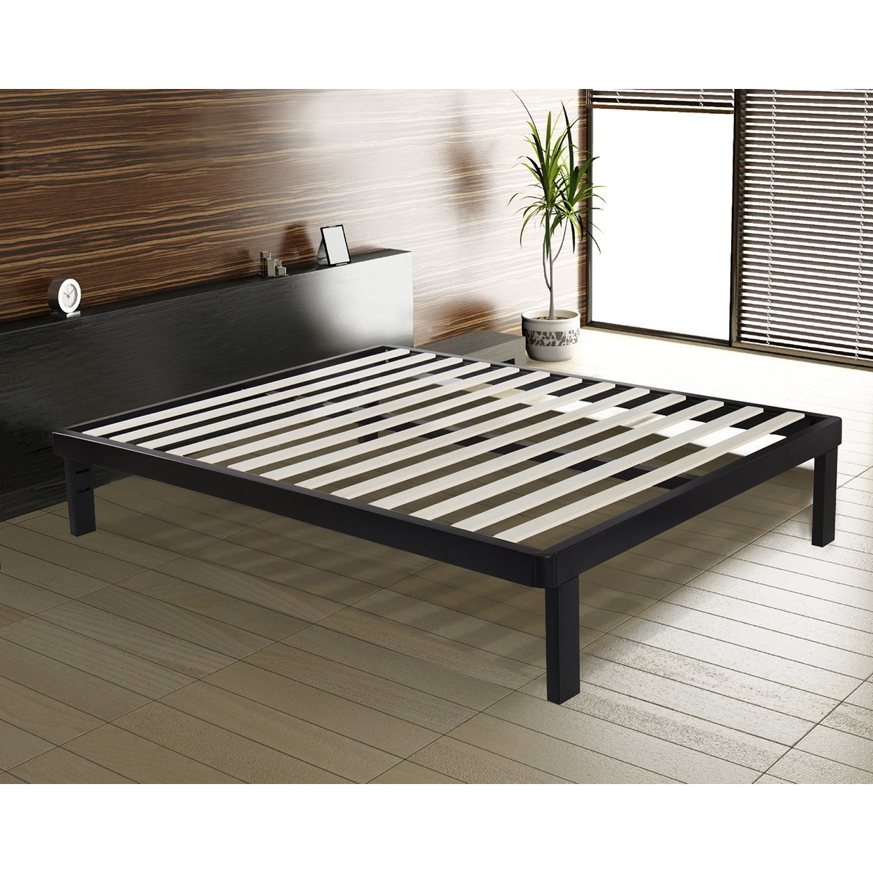 GreenHome123 Modern Euro Asian Style Metal Platform Bed Frame with Wood Slats in Twin Full Queen King