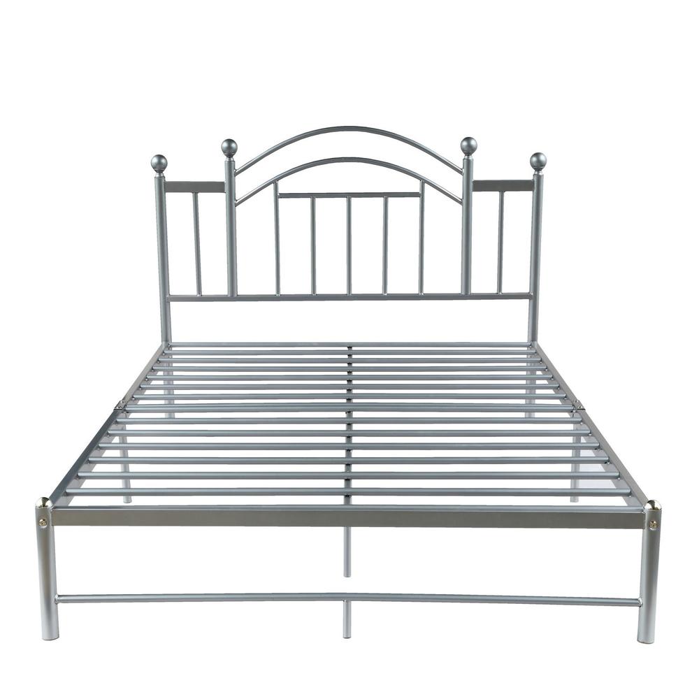 GreenHome123 Silver Gray Metal Platform Bed Frame with Headboard in size Twin Full Queen