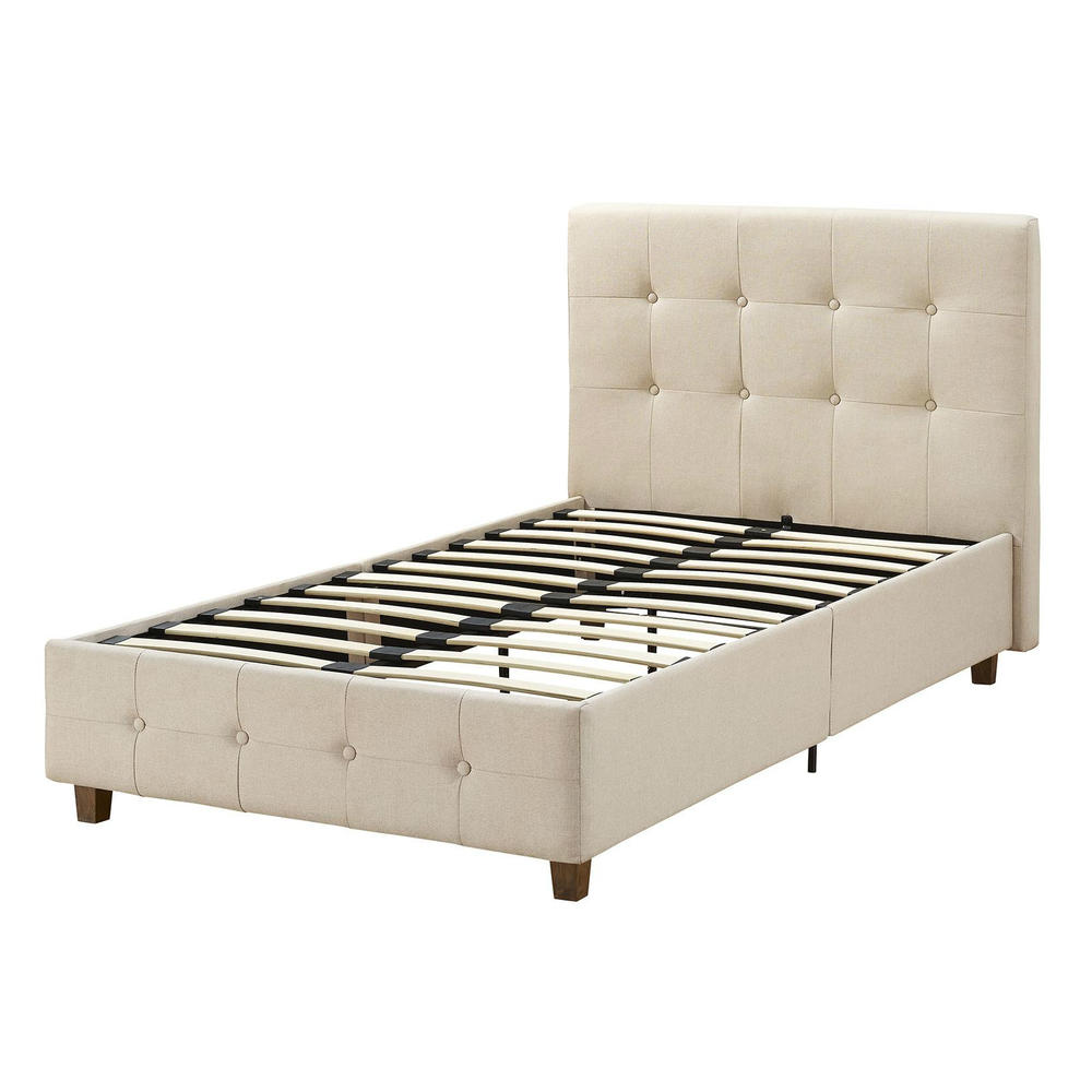 GreenHome123 Beige Tan Linen Upholstered Platform Bed Frame with Button-Tufted Headboard