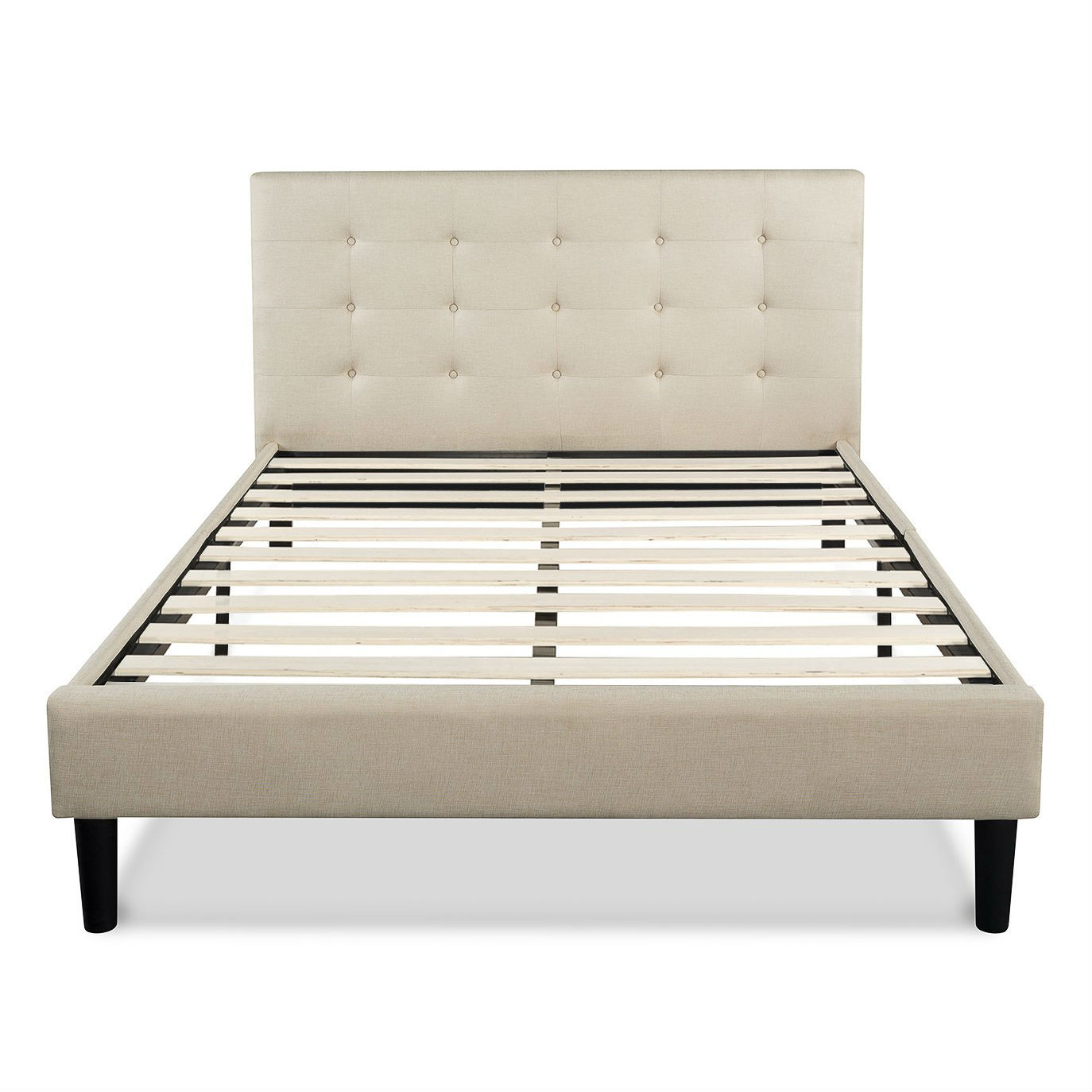 GreenHome123 Light Taupe Beige Upholstered Platform Bed with Button-Tufted Headboad
