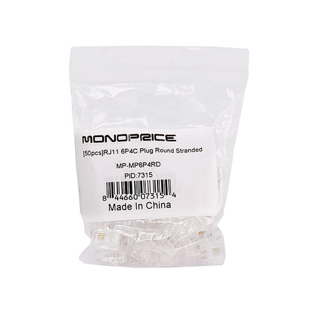 Monoprice 6P4C RJ11 Plug (50 Pieces/Pack) For Stranded Wire Round Phone Cables