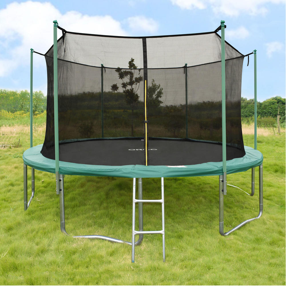 ORCC 15' Trampoline with Enclosure Ladder Wind Stakes & Rain Cover - Green