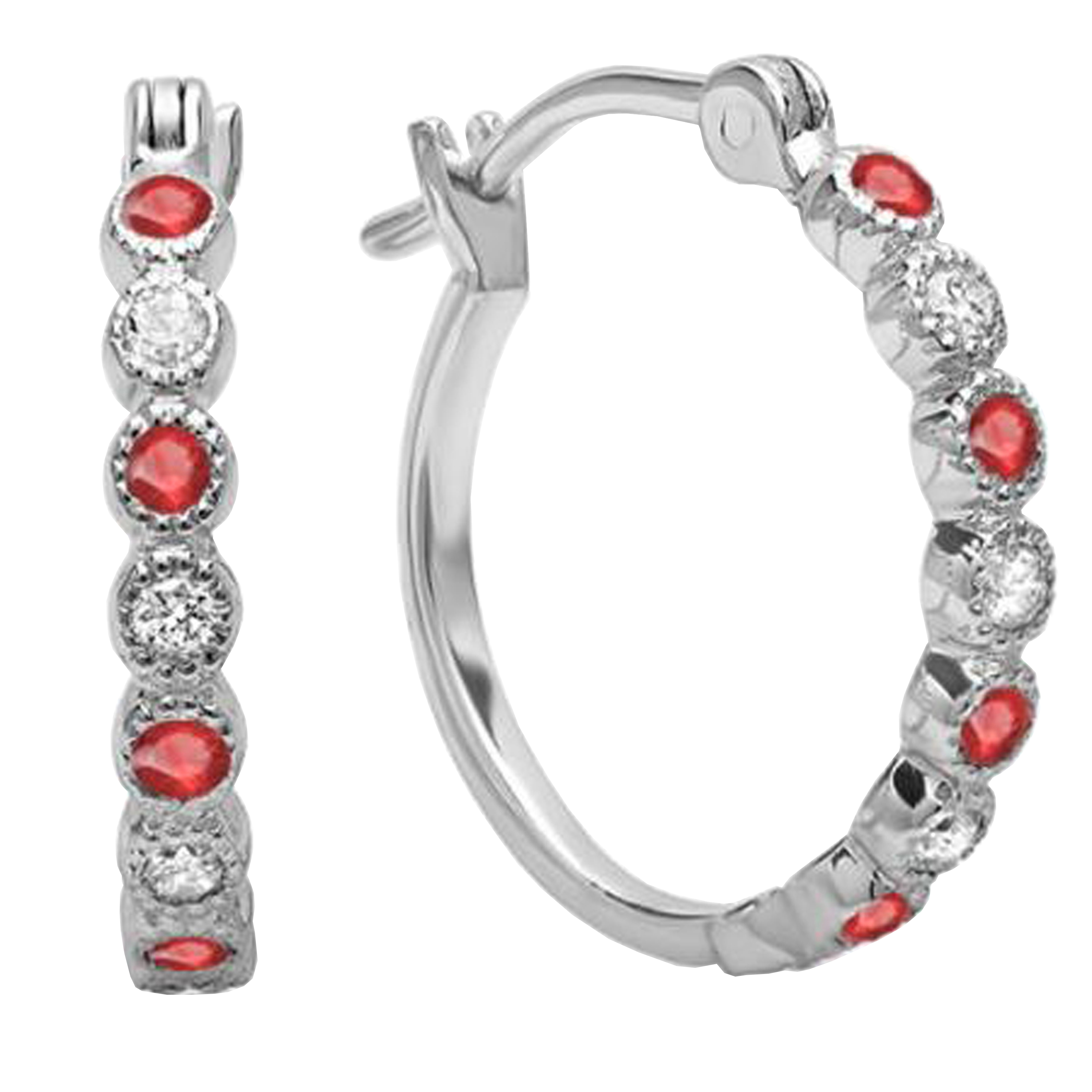 DazzlingRock 0.25 Carat (ctw) 10K White Gold Round White Diamond & Red Ruby Ladies Fine Dainty Hoop Earrings 1/4 CT