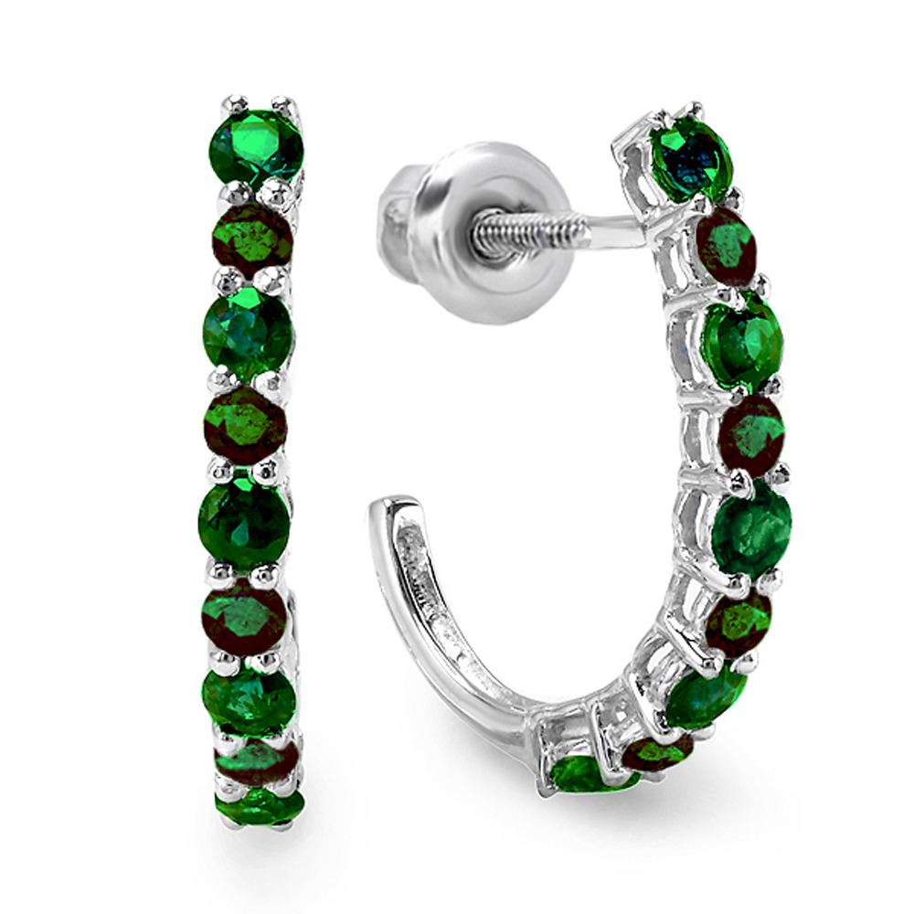 DazzlingRock 0.50 Carat (ctw) 10K White Gold Round Green Emerald Ladies Fancy J Shaped Hoop Earrings 1/2 CT