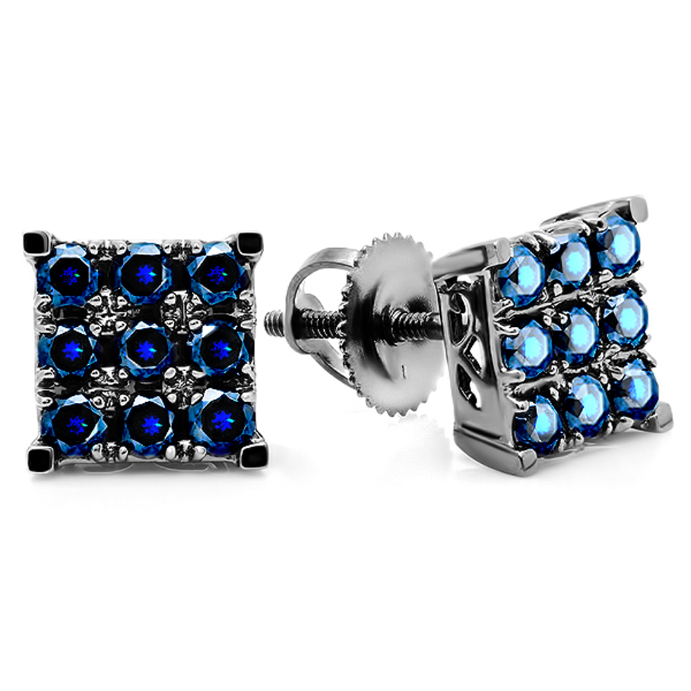 DazzlingRock 1.00 Carat (ctw) 10k White Gold Round Blue Sapphire Men's Square Shaped Stud Earrings 1 CT