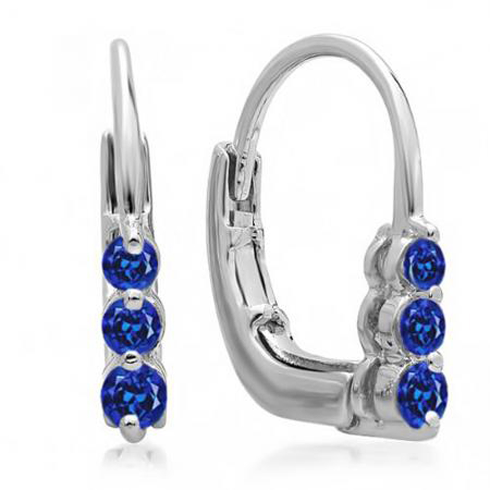 DazzlingRock 0.25 Carat (ctw) 10K White Gold Round Blue Sapphire Ladies 3 Stone Hoop Earrings 1/4 CT